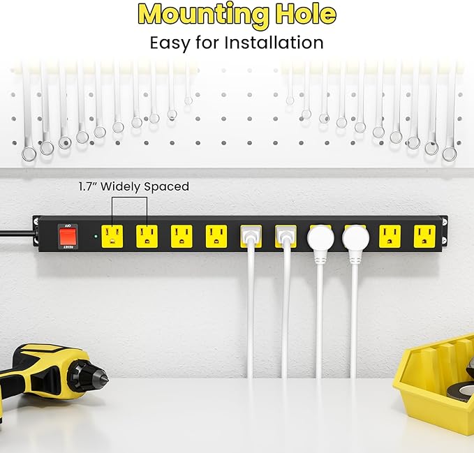 10 Outlet Metal Power Strip with 2100J Surge Protector, Heavy Duty 10FT Extension Cord, Wide Spaced Outlets and Wall Mount for Garage, Workshop, Industrial, Home (10ft)