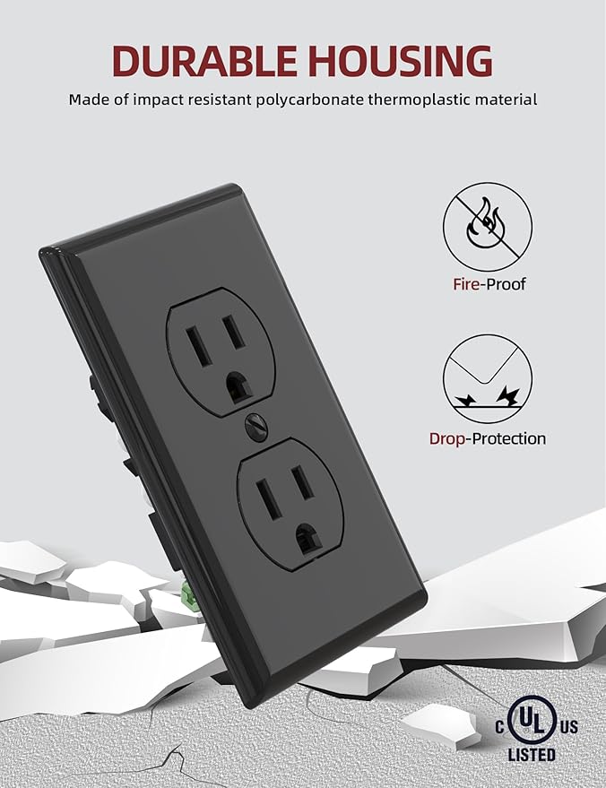 AIDA Outlet Duplex Receptacle with Wall Plate, Electrical Outlet Electrical Wall Outlet, 15 Amp Outlet 125V, Self-Grounding, 2-Pole, 3-Wire, 5-15R, UL Listed, 10 Pack, Black, Tamper Resistant