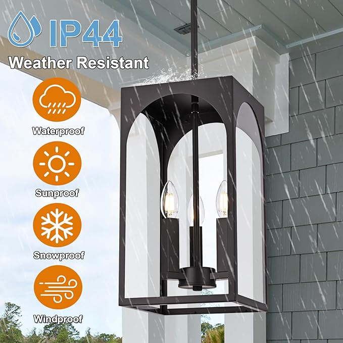 VINLUZ Modern Oil Rubbed Bronze Chandelier 3 Light Dining Room Light Fixture with Clear Glass Shade Industrial Outdoor Pendant Lights for Entryway Hallway Porch