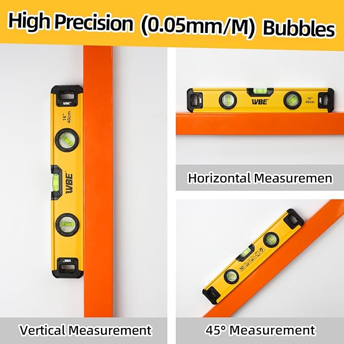 WBE 16-Inch Magnetic Torpedo Level with 45°/90°/180° Bubbles, Aluminum Alloy Body, Heavy Duty Level,Precision-Machined Base,Shockproof Rubber End Caps,Hanging Hole for Construction,Carpentry(1 PACK)
