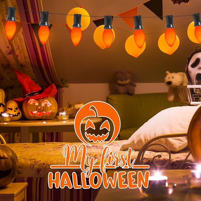 Abeja 25 Pack C7 Halloween Replacement Light Bulbs, Orange Ceramic Christmas Lights C7/E12 Candelabra Bulb for Indoor Outdoor Christmas Halloween String Light Bulbs Replacement, 5W