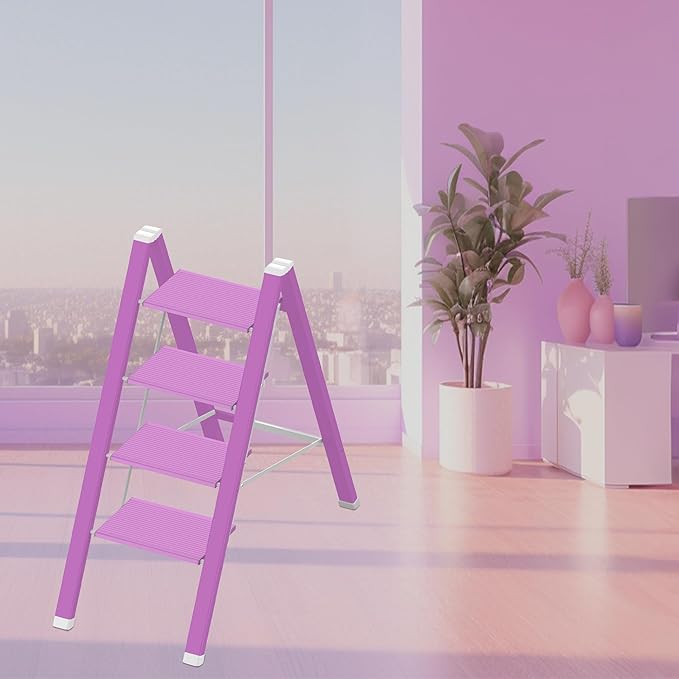 4 Step Lightweight Folding Ladder for Home, 330lbs Aluminum Step Ladder Anti-Slip for Kitchen, Step Stool Foldable Adults for Closet, 330lbs - Light Purple