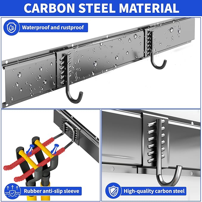 Garden Tool Organizer Wall Mount, 48inch Heavy Duty Garden Tool organizer Storage System, Easy Install With 9 Adjustable Hooks, For Garage, Basement, Shed, Workshop(Black)