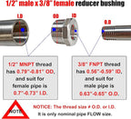 2 Pcs 304 Stainless Steel Reducer Hex Bushing, 1/2" Male NPT to 3/8" Female NPT Pipe Fitting Hex Bushing, Heavy Duty Pipe Fitting Reducer Adapter (1/2"MNPT - 3/8"FNPT)