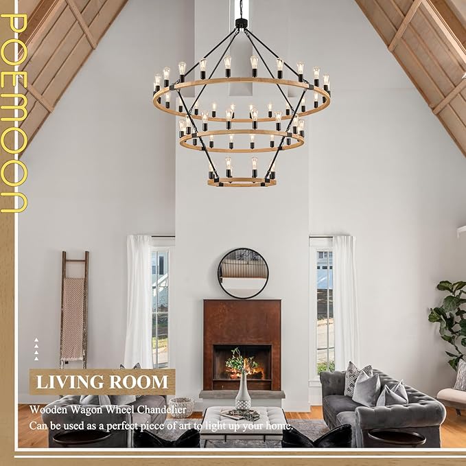 48 Lights 3 Tier Extra Large Wooden Wagon Wheel Chandelier Natural Farmhouse 63'' High Ceiling Black Rustic Round Wood Pendant Light Fixture for Living Room Foyer Villa Staircases