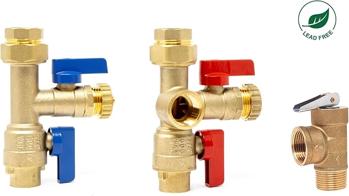 3/4 inch Sweat Tankless Water Heater Isolation Valve Kit with Pressure Relief Valve, FNPT x Sweat, 3/4'' Service Valve Kit for Rheem, Rinnai, Ecosmart Navien Noritz Takagi Bosch