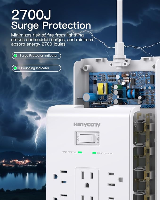 HANYCONY Surge Protector Power Strip 10 Ft, 16 Outlets 4 USB Ports(2 USB C), Flat Plug Heavy Duty Extension Cord, 2700 Joules, Wall Mount for Home Office, ETL Listed, White