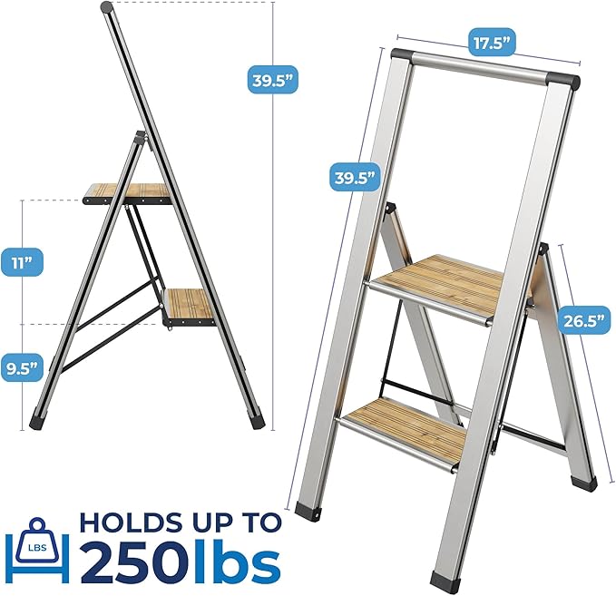 Step Ladder 2 Step Folding, Decorative - Beautiful Bamboo & Silver Aluminum, Ultra Slim Profile, Anti Slip Steps, Sturdy-Portable for Home, Office, Kitchen, Photography Use,by SORFEY