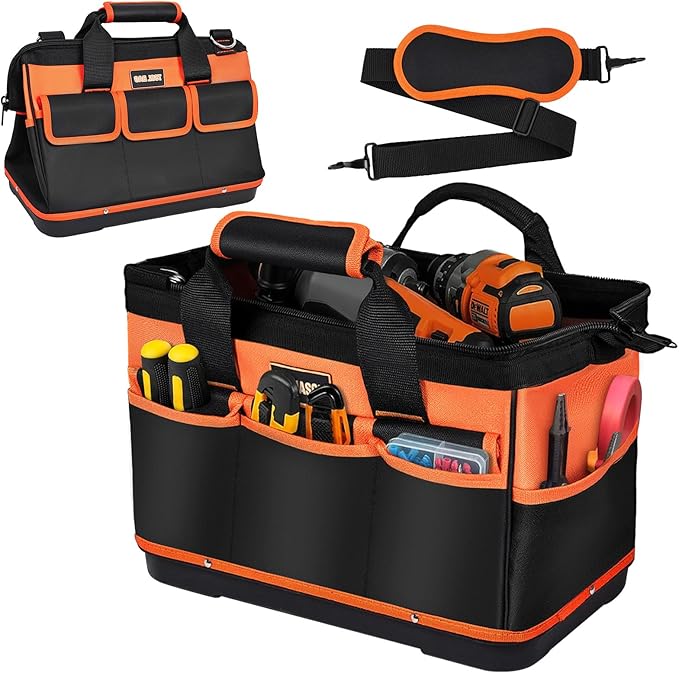 16 Inch Tool Bag Heavy Duty Tool Box Organizer, Portable Tool Organizers and Storage Bag, Tactical Toolbox with Anti-Slip Base & Adjustable Strap for Electrician, DIYer, HVAC, Mechanic
