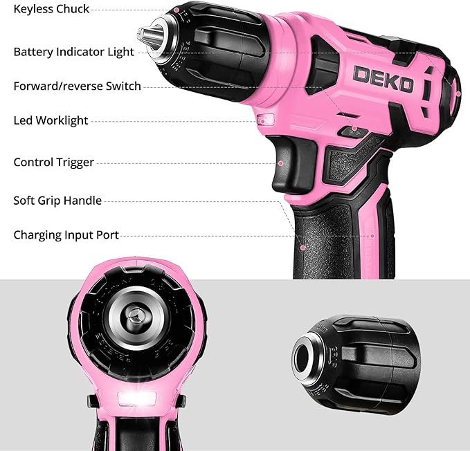 DEKOPRO Drill Set, Home Tool Set with 8V Pink Cordless Drill, Hand Tool Kit for Women, 126 pcs