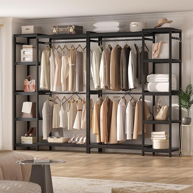 Homykic Bamboo Clothes Rack Garment Rack for Hanging Clothes, Heavy Duty Clothing Rack with 7 Tiers Adjustable Shelves, Double Rods, 4 Hooks, Freestanding Closet System Organizer Wardrobe, Black