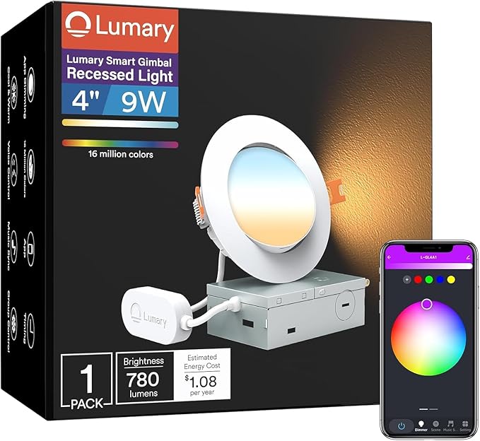 Lumary Smart Gimbal Recessed Lighting 4 Inch, 355°+20° Adjustable RGBWW WiFi Ceiling Light, Work with Alexa Google, Canless LED Downlight with J-Box, 9W 780LM CRI90, 1PC