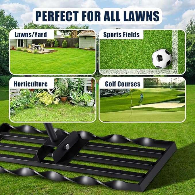 Lawn Leveling Rrakes (17x10 inch),Lawn Leveling Tool ,Spiral Patented Design with a 72" Handle rake, Suitable for backyards, Gardens, Golf Courses, Farms, Pastures