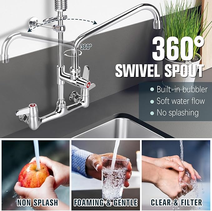 Commercial Faucet with Sprayer, 21 Inch Height Commercial Sink Faucet Wall Mount with 8" Adjustable Center and 8" Add-on Swing Spout & Pull Down Pre Rinse Sprayer