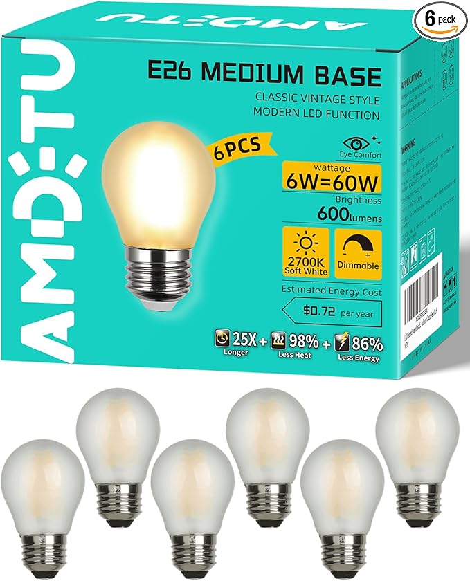 Vintage Edison LED Short Bulb 60W E26 Standard Base Dimmable G45 Small Globe 2700K Soft White 60watt Round Light Bulb Ideal for Home Lighting Fixtures Create Cozy Ambiance in Living Rooms and Bedrooms
