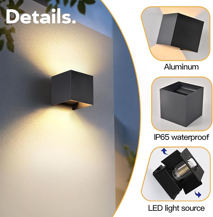 2 Pcs Outdoor Wall Lights Exterior/Interior G9 Wall Sconces Up and Down Lights IP65 Waterproof Outdoor Lighting Square Aluminum Black 4000K Natural Lights Replaceable bulb, Adjustable Light Angle
