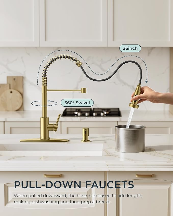 FORIOUS Kitchen Faucet with Soap Dispenser, Gold Stainless Steel Spring Sink Faucet with Pull Down Sprayer Transitional Single Handle for Pot Filler, Farmhouse Camper Bar Laundry Room