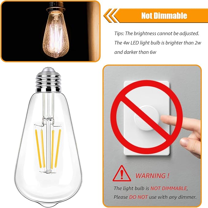 12 Pack LED Edison Bulbs 40 Watt Equivalent, 4 Watt LED Filament Bulb, 3000K ST19 Warm White Light Bulb, 450LM E26 Vintage Bulbs CRI 90, Not Dimmable