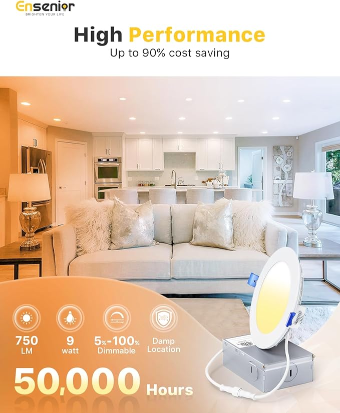 Ensenior 16 Pack 4 Inch LED Recessed Ceiling Light, Dimmable, 2700K Soft White, 750LM 9W 120V, High Brightness Canless Wafer Downlight - ETL&FCC&IC