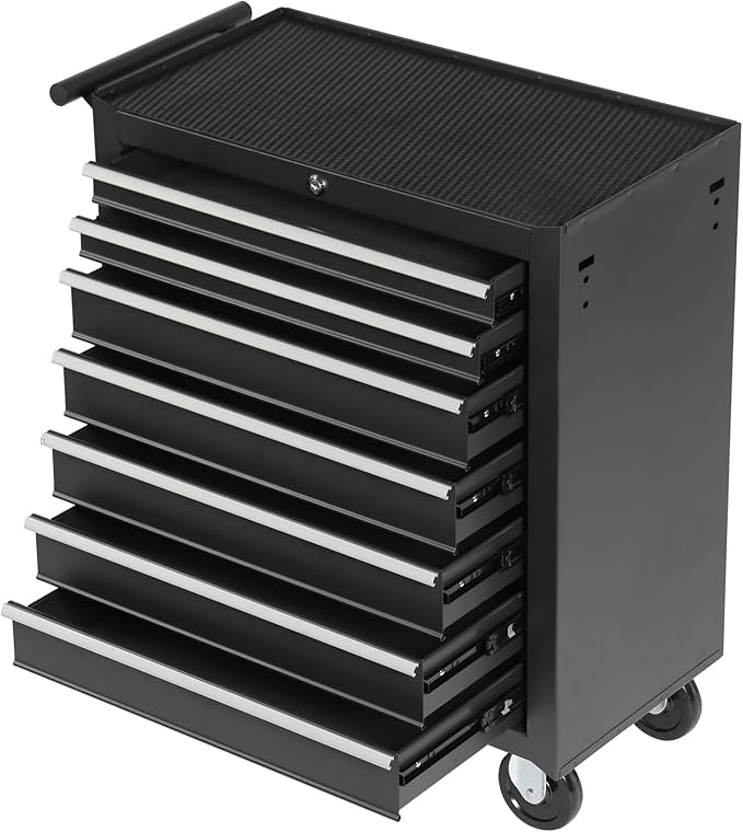 7-Drawer Rolling Tool Chest w/Drawers & Lock, Tool Storage Cabinet with Lockable Wheels, Top Cushion & Drawer Liners, Tool Organizer Box for Garage, Warehouse & Repair Sho