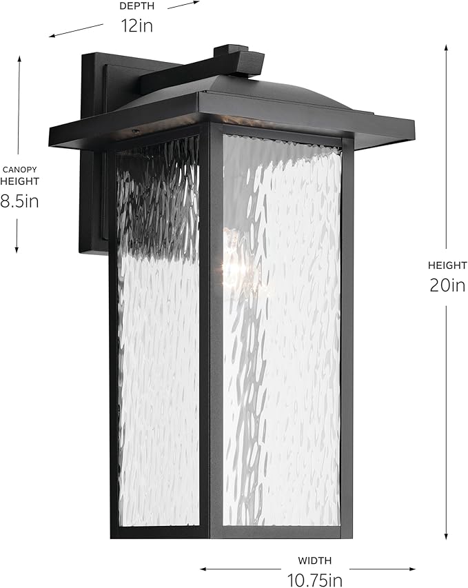 Kichler 20" Capanna 1-Light Extra-Large Wall Light with Clear Water Glass in Textured Black, for Porch, Patio, Garage, Front Door, (20" x 10.75"), 49928BKT