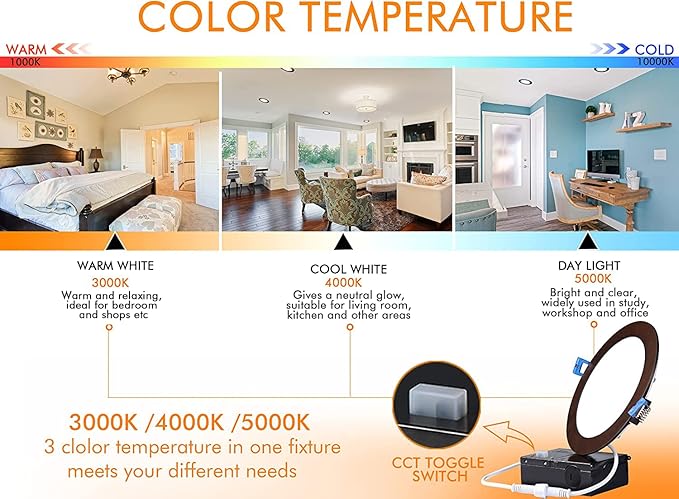 Cloudy Bay 6 inch 3000K/ 4000K/ 5000K Three Color Temperature Selectable,Dimmable 15W CRI90+,Ultra Thin LED Recessed Light with Junction Box,IC Rated, Canless Wafer Downlight, Oil Rubbed Bronze,6 Pack