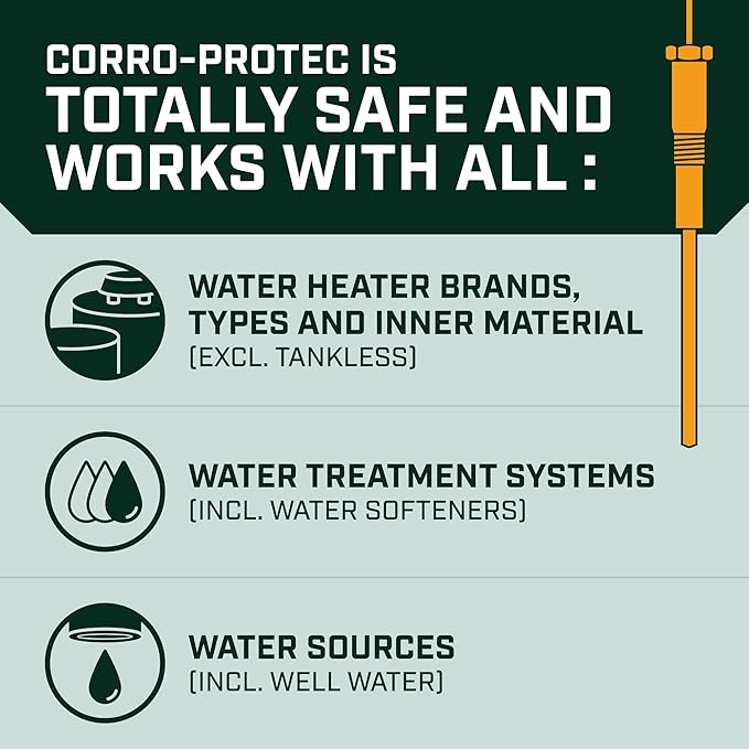 Corro-Protec Powered Anode Rod for Water Heater, 20-Year Warranty, Eliminates Rotten Egg/Sulfur Smell within 24 hours, Stops Corrosion and Reduces Limescale, Electrical Anode Rod Made of Titanium