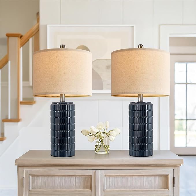 PoKat 24" Modern Ceramic Table Lamps Set of 2 for Bedroom, Blue Bedside Lamps for Night Stands, Farmhouse Desk Decor Nightstand Table Lamps for Living Room End Table Dark Blue