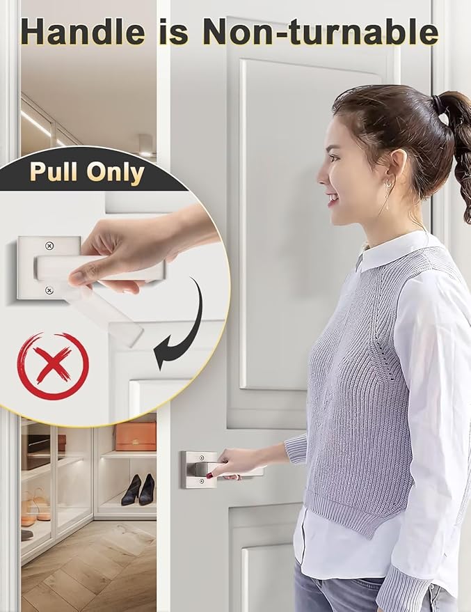 2 Pack Dummy Door Handles Brushed Nickel for Left Hand and Right Hand, Mordern Square Closet Hallway Door Knobs, Non-Turning Single Side Pull