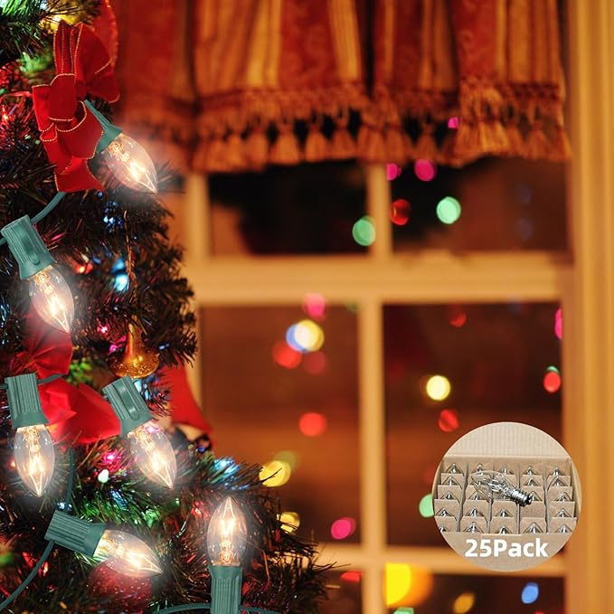 25 Pack C7 Clear Replacement Bulbs Waterproof UL Certified 5w Incandescent for Indoor/Outdoor Use and Christmas Tree String Lights