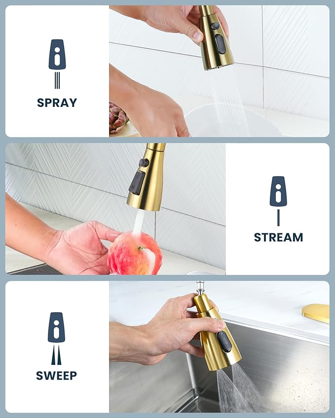 ARCORA Kitchen Faucet Spray Head Brushed Gold, 3-Function Kitchen Sink Spray Nozzle with 9 Adapters, Kitchen Faucet Head Replacement Compatible with Moen, Delta, American Standard Faucets