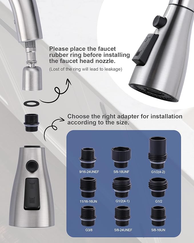 Metal Kitchen Faucet Head Replacement: 3-Function Pull Down Spray Nozzle with 9 Adapters, Sink Sprayer Replacement Compatible with Moen, Delta, American Standard Faucets, Brushed Nickel