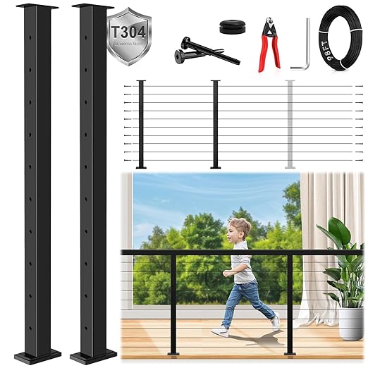 36" Expandable 2-8FT Black T304 Cable Railing Post Kit, Complete Cable Railing System with 2 Level Posts & 98ft 1/8" Wire Rope(No Handrail), Adjustable Length Easy DIY for Decks/Porch