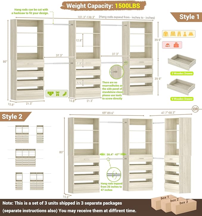 Aheaplus Closet System with 12 Drawers, 8.5-11.5Ft Wood Closet Organizer System with 4 Hang Rods & 3 Towers, 4Ft & 6Ft L-Shaped Walk-in Closets Wardrobe Organizer Clothes Rack, Set of 3, White Oak1