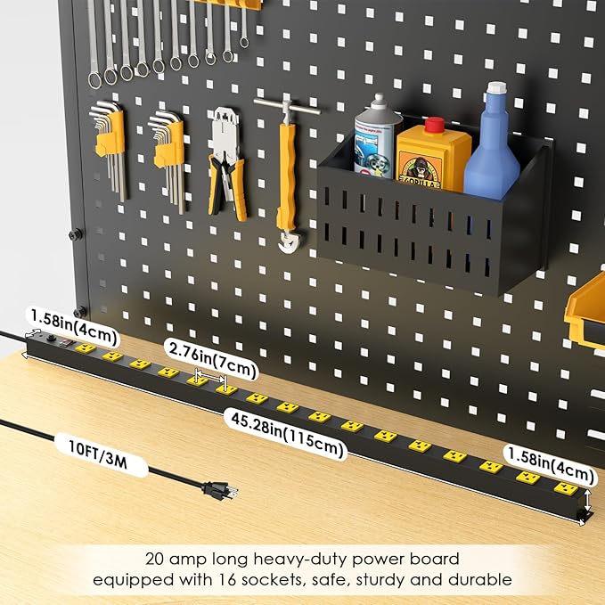 JUNNUJ Long Metal 16 Outlet Power Strip, Heavy Duty Power Strips Surge Protection 4800J with Circuit Breaker, 20a Wide Spaced Socket Wall Mount 5-15P Adapter High Amp 6-20R T-Slot 10FT Extension Cord