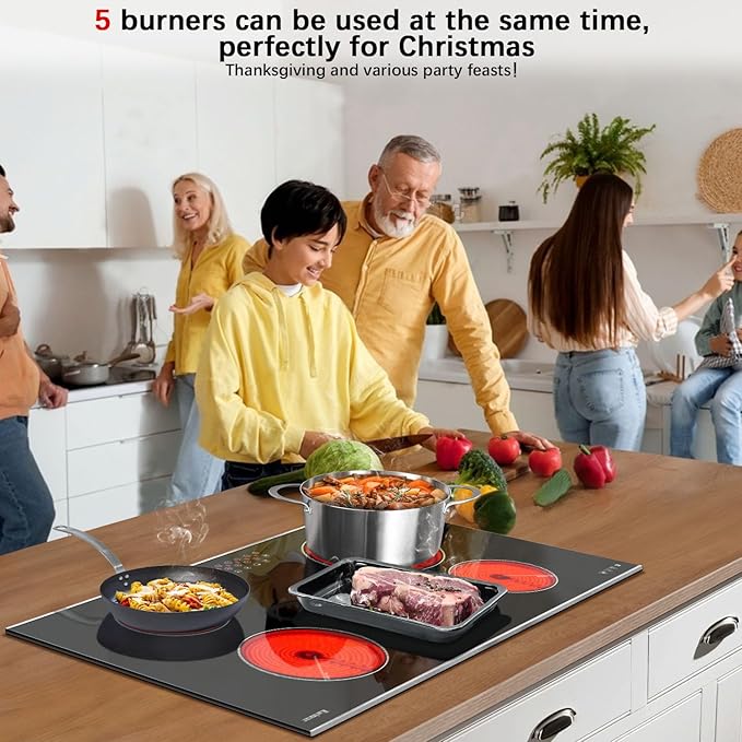 Karinear Electric Cooktop 36 Inch, 5 Burners Electric Stove Top, Built-in Glass Radiant Electric Ceramic Cooktop, Expandable Zones, Lock, Timer, Pause, Metal Edged Protection, 8400W 220~240v Hardwired