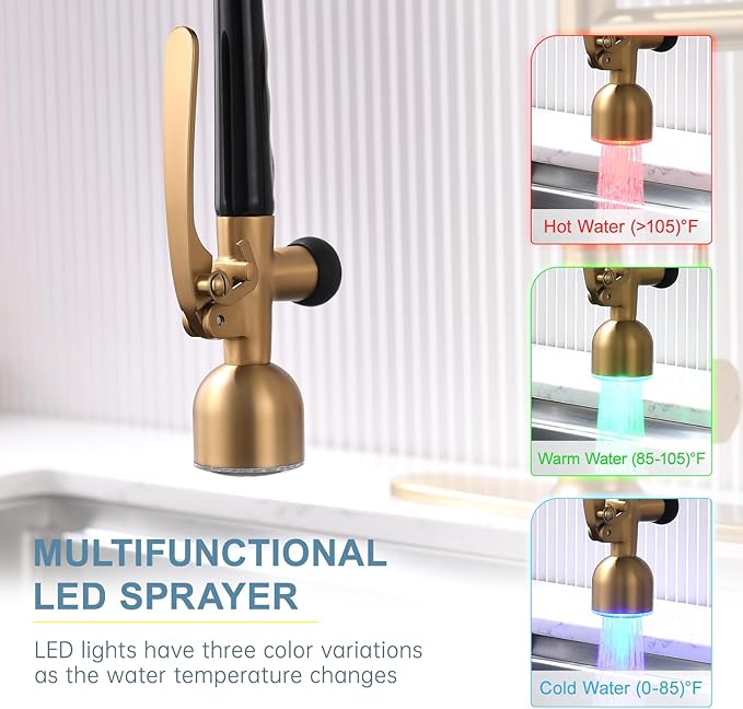 GIMILI Gold Kitchen Faucet with LED Single Handle Kitchen Sink Faucet with Pull Down Sprayer Commercial Double-Headed Stainless Steel Kitchen Faucets Sink with Deck Plate