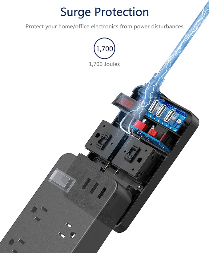 Outdoor Power Strip Weatherproof,Waterproof Surge Protector with 4 Outlets,3 USB,Shockproof Overload Protection, Multi Outlet Extension for Camping, Garden, Kitchen, Bathroom, 6ft Cord,with Flat Plug