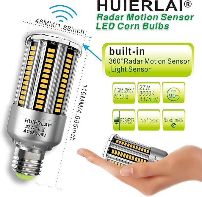 Radar Motion Sensor Light Bulbs A19 250W Equivalent AC85-265V 27W Motion Detector Auto Activated Dusk to Dawn Security Outdoor Porch Lights LED Bulb Warm White 3375LM E26/E27 (2 Pack)