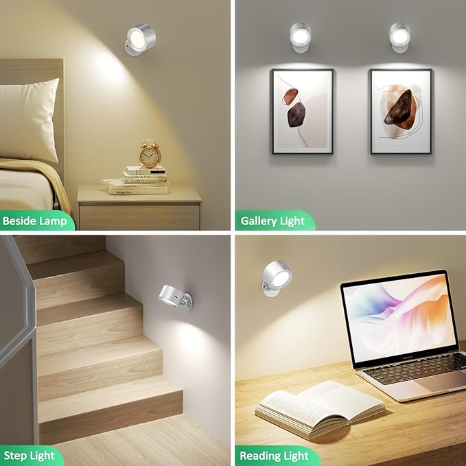 Lightbiz LED Reading Lights, Wall Lights Sconces 2 Pcs with Remote Rechargeable Battery Operated, 3 Color Temperatures & Dimmable Light Magnetic Ball 360°Rotation, Lamps for Study Bedside Closet