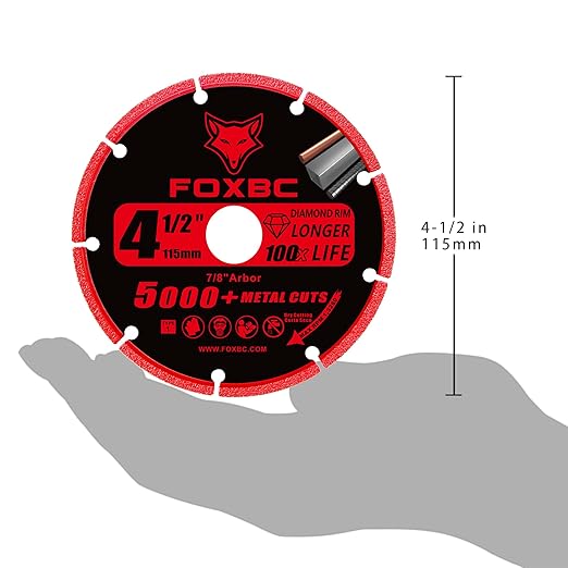 FOXBC 4-1/2 Inch Diamond Cutting Wheel Metal Cut Off for Angle Grinder, 5000+ Cuts on Rebar, Stainless Steel, Angle Iron, 7/8" Arbor - 3 Pack