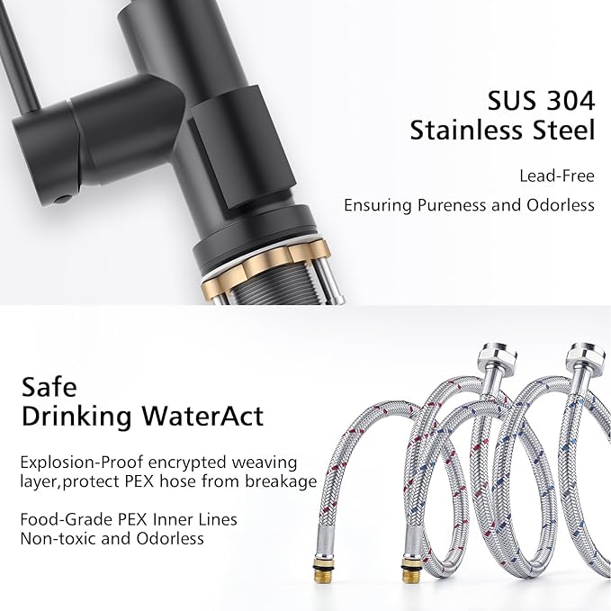 CREA Black Kitchen Faucet,Pull Down Kitchen Faucets with Sprayer 3 Modes Single Hole,360°Swivel High Arc,Commercial RV Laundry Bar Uitility Sink,Stainless Steel