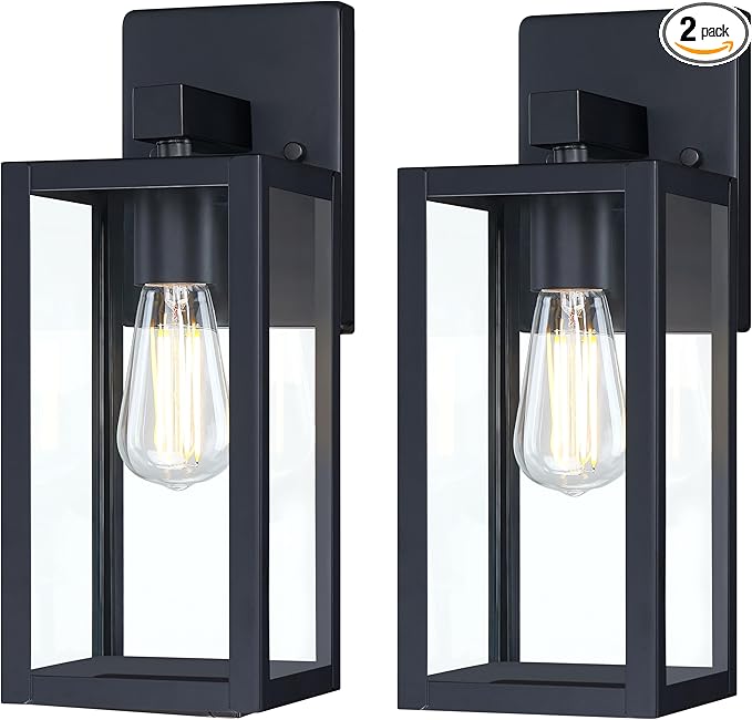 GRUENLICH Waterproof Large Outdoor Wall Lanterns, Modern Black Porch Sconces with Clear Glass Shade, E26 Socket Max 60W, IP65 Rated, Metal Frame, for Patio, Front Door, Entryway, 2-Pack