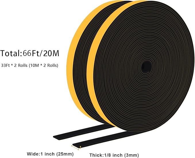 Strong Self Adhesive Foam Weather Stripping, Foam Seal Tape for Doors and Windows, SoundProof Weatherproof Insulation Strips, AC Seal Strip, Anti-Collision, Anti-Bug(1 in x 1/8 in x 66Ft)