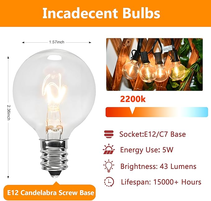 50 Pack G40 Light Bulbs Replacement, 120V 5W Clear Globe G40 Outdoor String Lights Bulbs Replacement, C7 or E12 Candelabra Base Wax Warmer Light Bulbs, 2200K Warm White Vintage Incandescent Bulbs