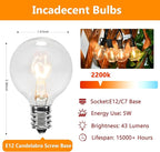 50 Pack G40 Light Bulbs Replacement, 120V 5W Clear Globe G40 Outdoor String Lights Bulbs Replacement, C7 or E12 Candelabra Base Wax Warmer Light Bulbs, 2200K Warm White Vintage Incandescent Bulbs