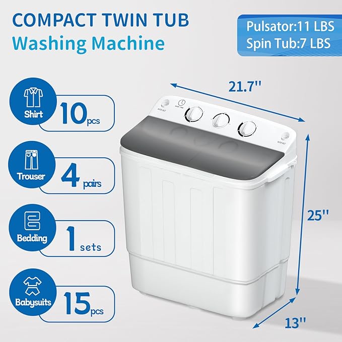 Portable Twin Tub 18lbs Washing Machine with Drying Rack and 10 Hangers, 11lbs Washer Mini Compact Laundry Machine with 7lbs Spinner, Semi-automatic Washer Combo for Dorms, Apartment