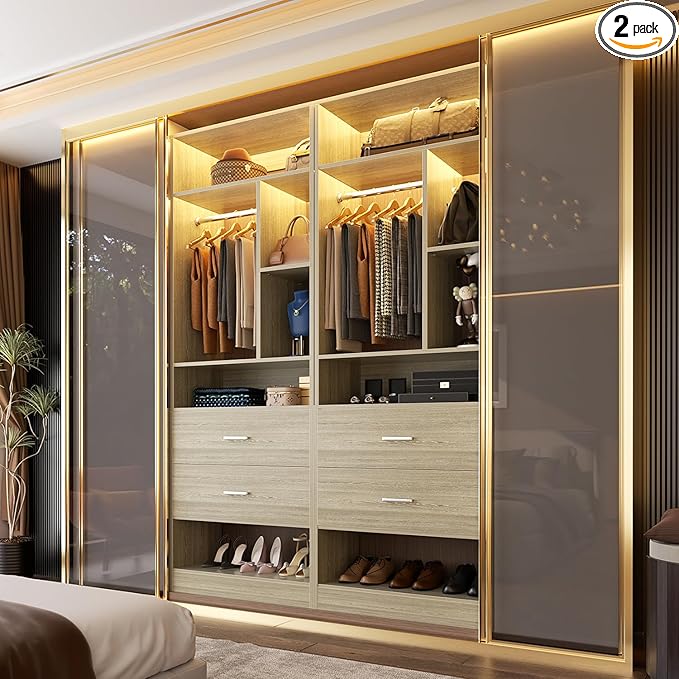 4FT Closet System with 4 Wood Drawers, 48" Closet Organizer System with 10+ Small Shelves & 2 Hanging Rods, Walk-in/Nursery Closet Systems, Set of 2, White Oak (48" L x 15" W x 80" H)