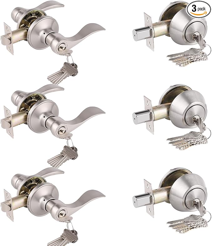 Gobrico Wave Entry Door Levers and Single Cylinder Deadbolt Combination Lockset Brushed Nickel Finished Keyed Alike Entrance Door Locks Front Door Leversets 3Pack