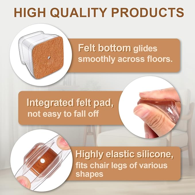 28Pcs Chair Leg Floor Protectors Square for Hardwood Floors Silicone Caps Felt Furniture Pads Covers Clear Chair Sliders, Protect The Floor from Scratches(Fit:1-1/16" ~ 1-5/8")